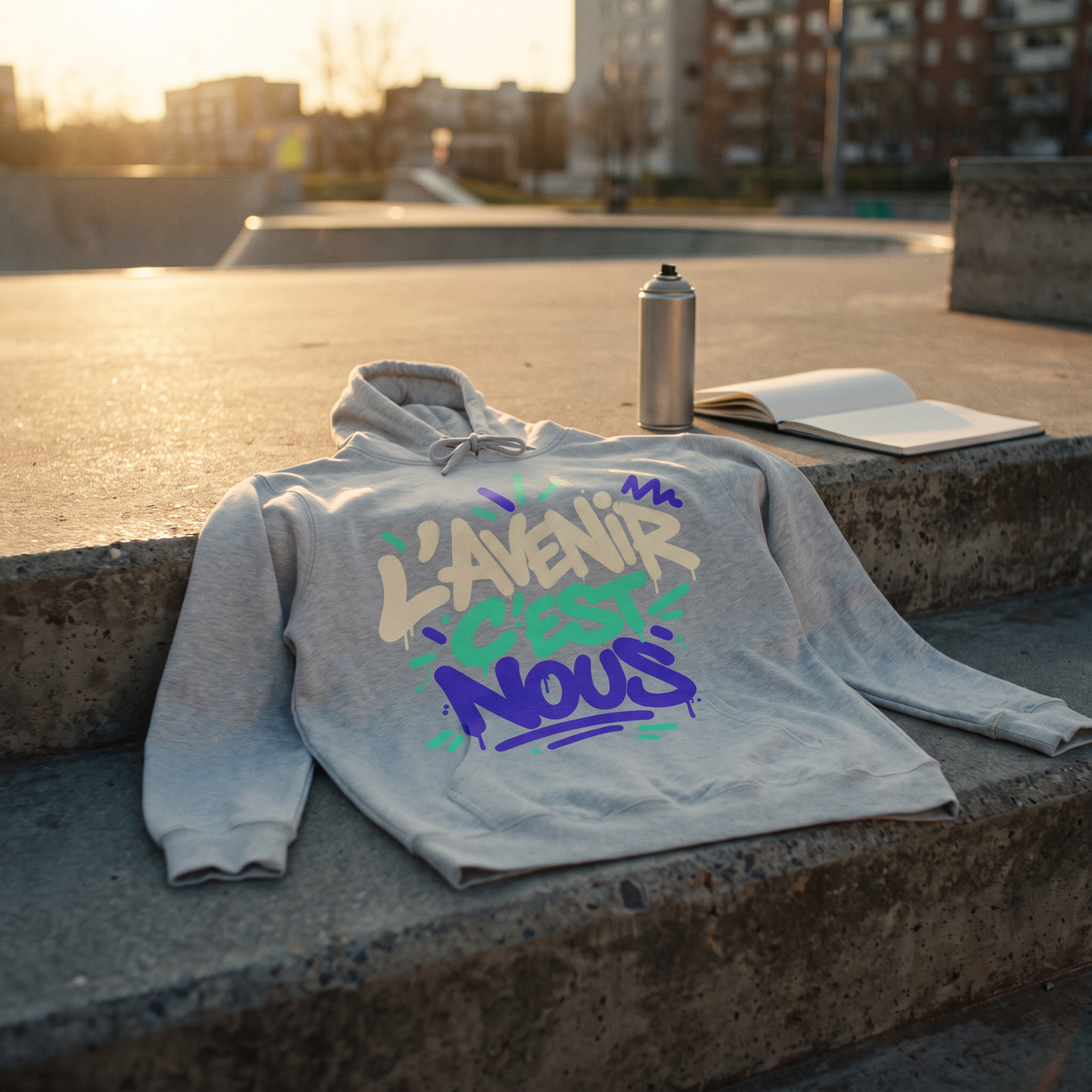 sweat à capuche Gen Z « L'avenir c'est nous » gris cendré posé sur les marches d'un skatepark au coucher du soleil – CHT'M Boutique