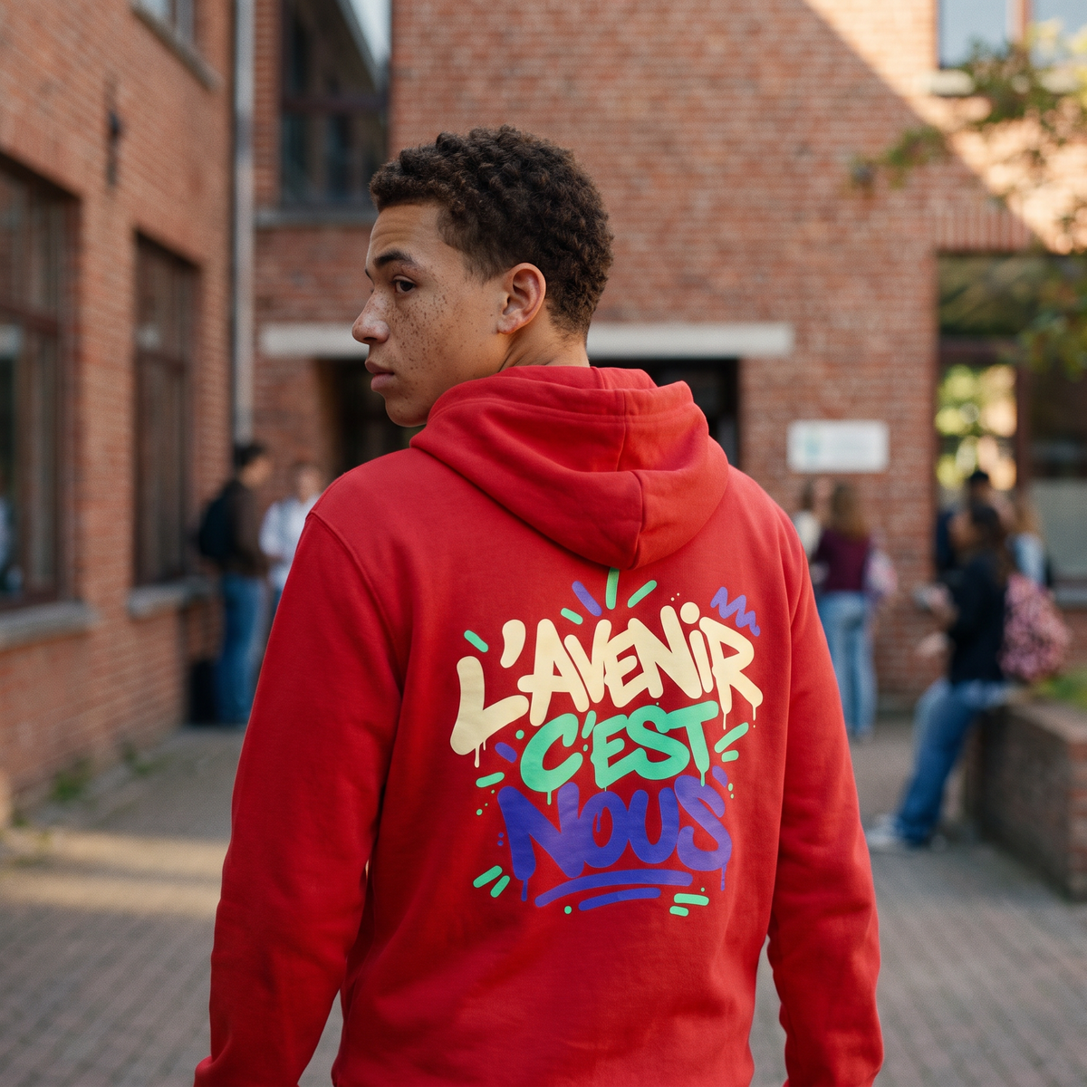 Lycéen de dos portant le sweat à capuche Gen Z « L'avenir c'est nous » rouge, grand print dans le dos – sweat manif original