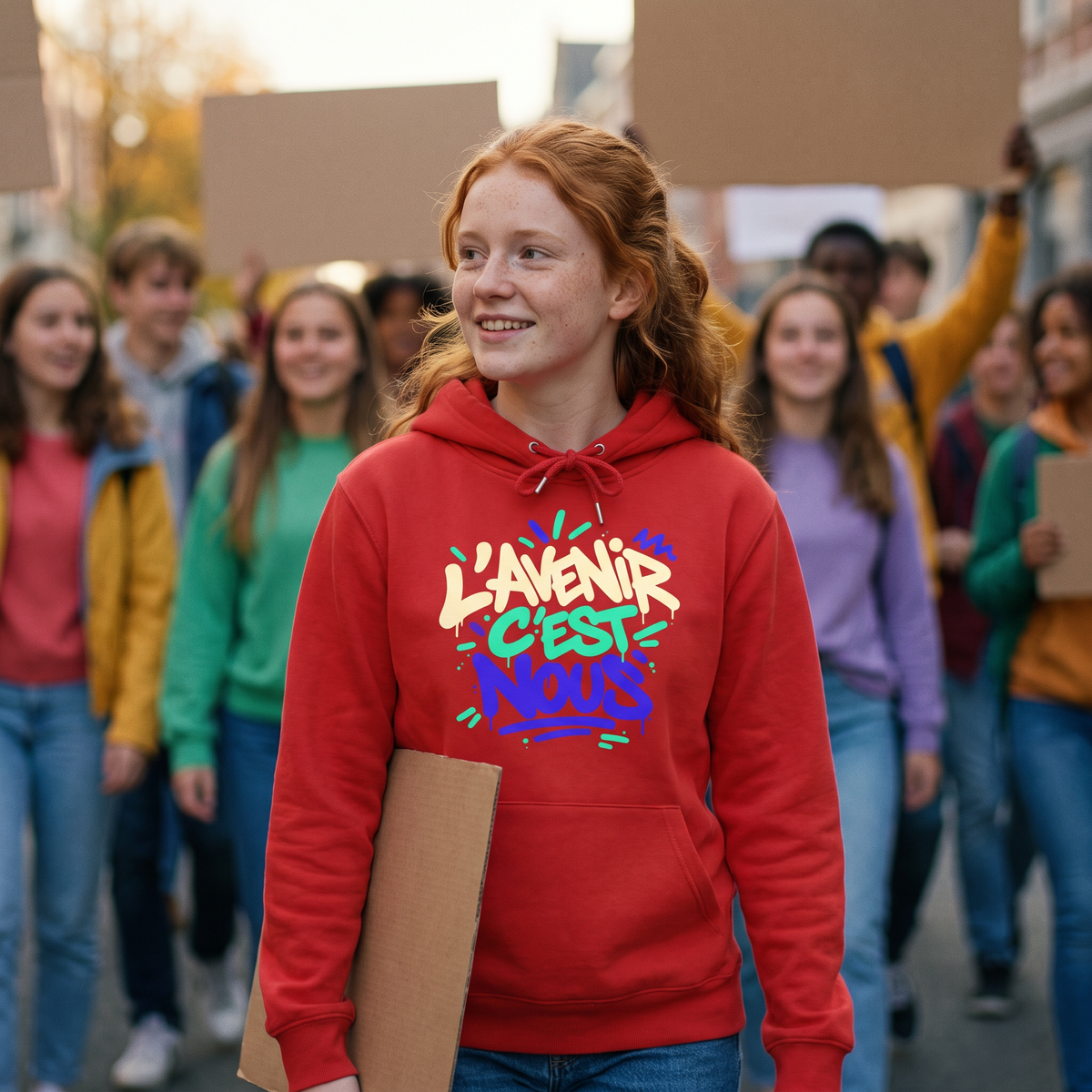 Lycéenne en manifestation pacifique avec le sweat à capuche Gen Z « L'avenir c'est nous » rouge