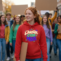 Lycéenne en manifestation pacifique avec le sweat à capuche Gen Z « L'avenir c'est nous » rouge