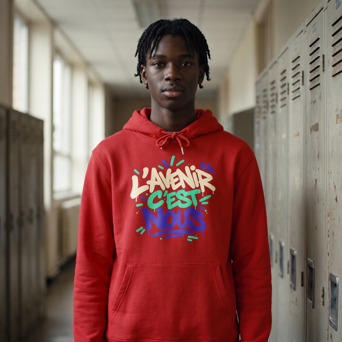 Lycéen portant le sweat à capuche Gen Z « L'avenir c'est nous » rouge dans un couloir de lycée – hoodie manif original