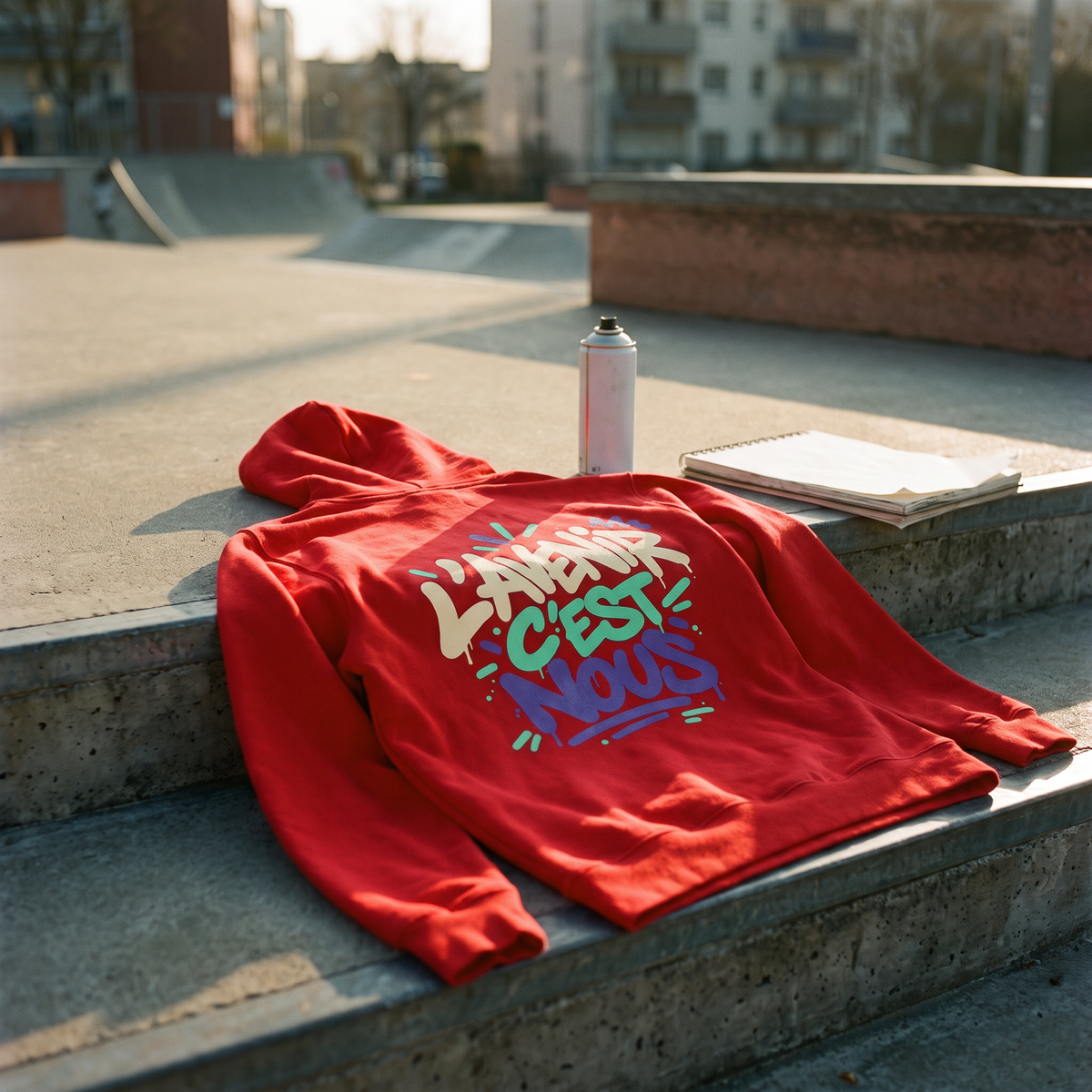 sweat à capuche Gen Z « L'avenir c'est nous » rouge posé sur les marches d'un skatepark au coucher du soleil – CHT'M Boutique