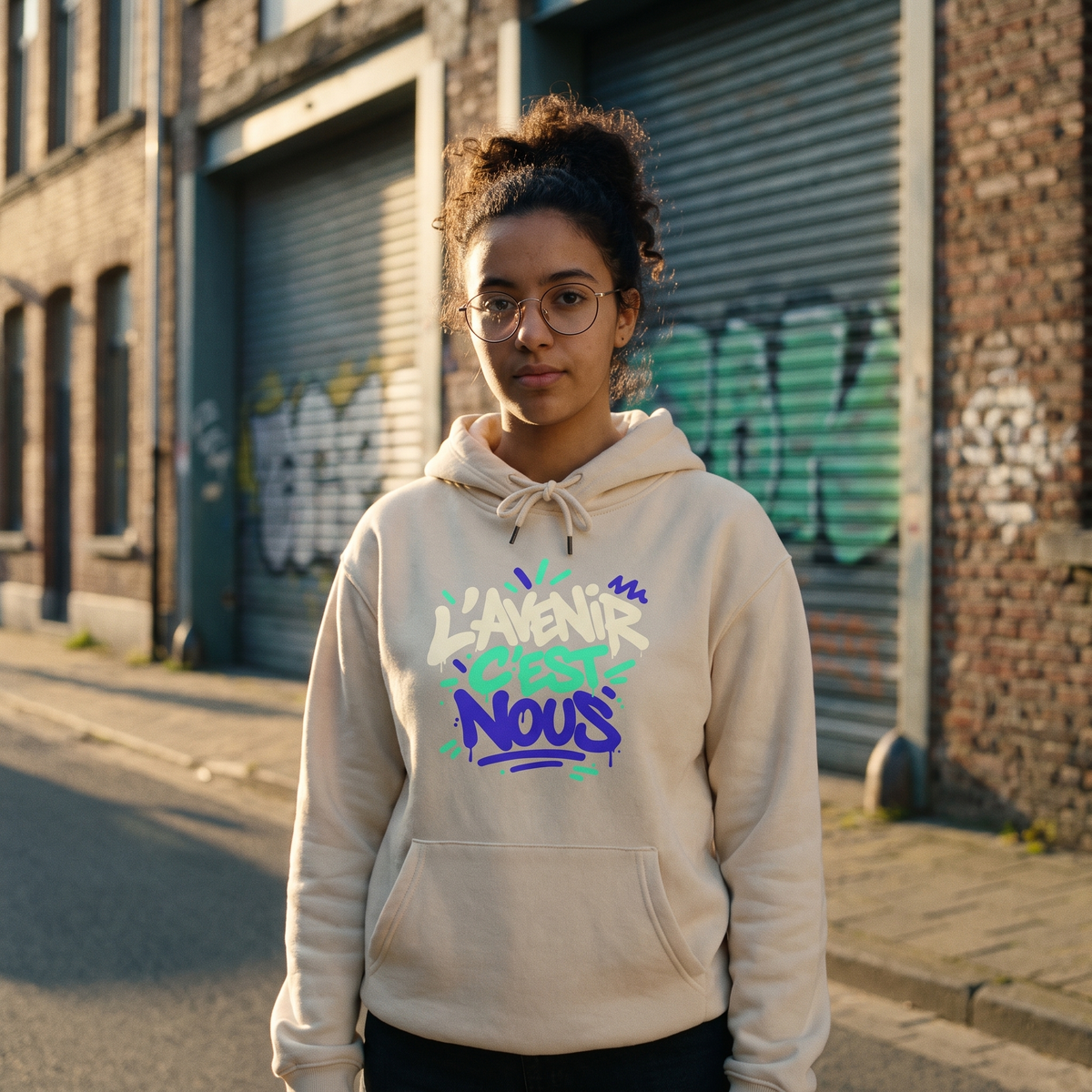 Gros plan du print sur le sweat à capuche Gen Z « L'avenir c'est nous » crème porté