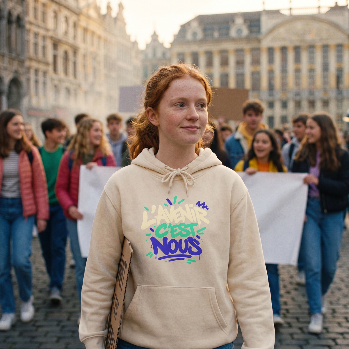 Lycéenne en manifestation pacifique avec le sweat à capuche Gen Z « L'avenir c'est nous » crème