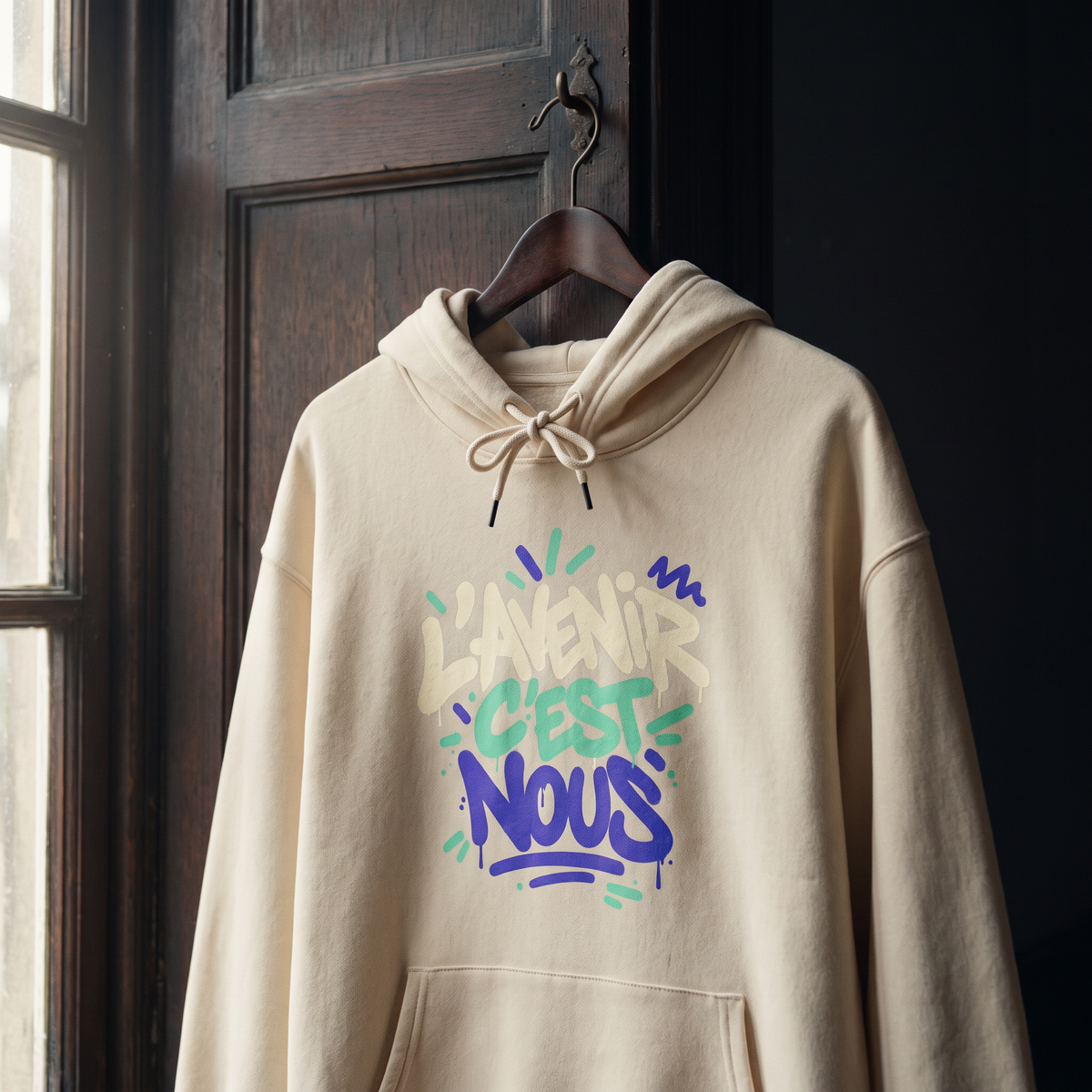 sweat à capuche Gen Z « L'avenir c'est nous » crème suspendu sur un cintre en bois – sweat Gen Z original CHT'M