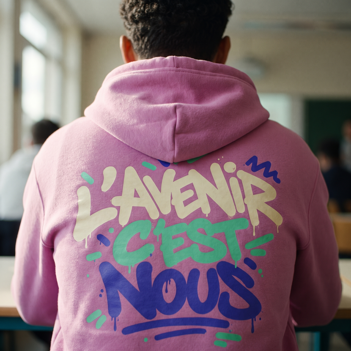 Gros plan du grand graffiti L'avenir c'est nous dans le dos du sweat à capuche rose