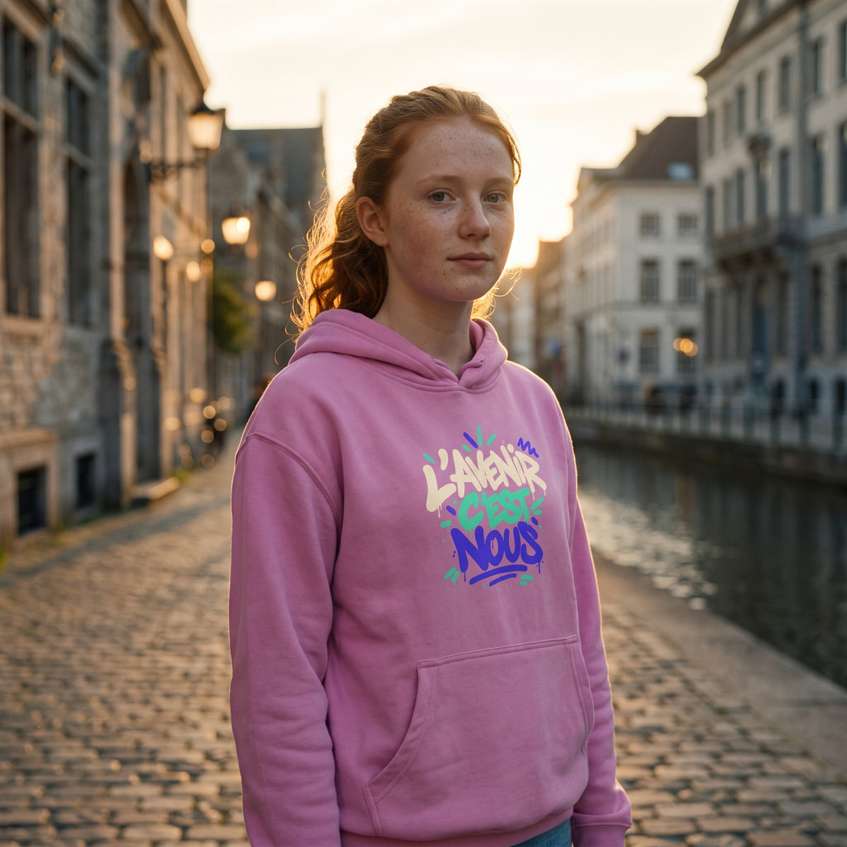 Lycéenne portant le sweat à capuche Gen Z rose le long d'un canal à Gand