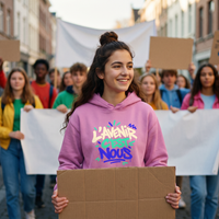 Lycéenne en manifestation pacifique avec le sweat à capuche Gen Z rose