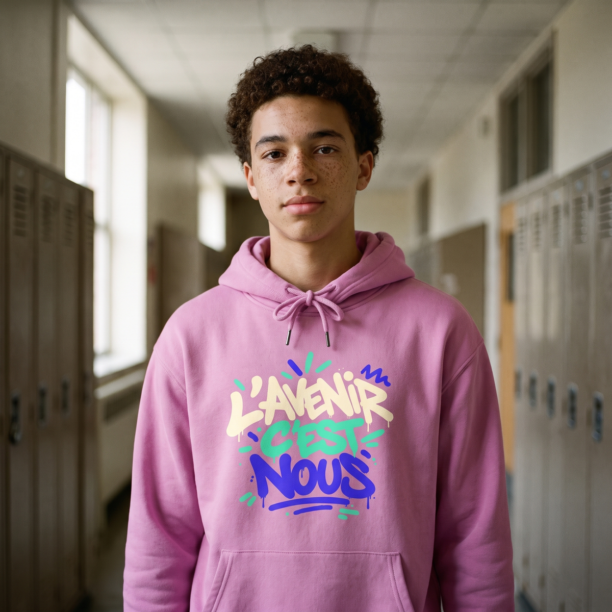 Lycéen portant le sweat à capuche Gen Z rose dans un couloir de lycée