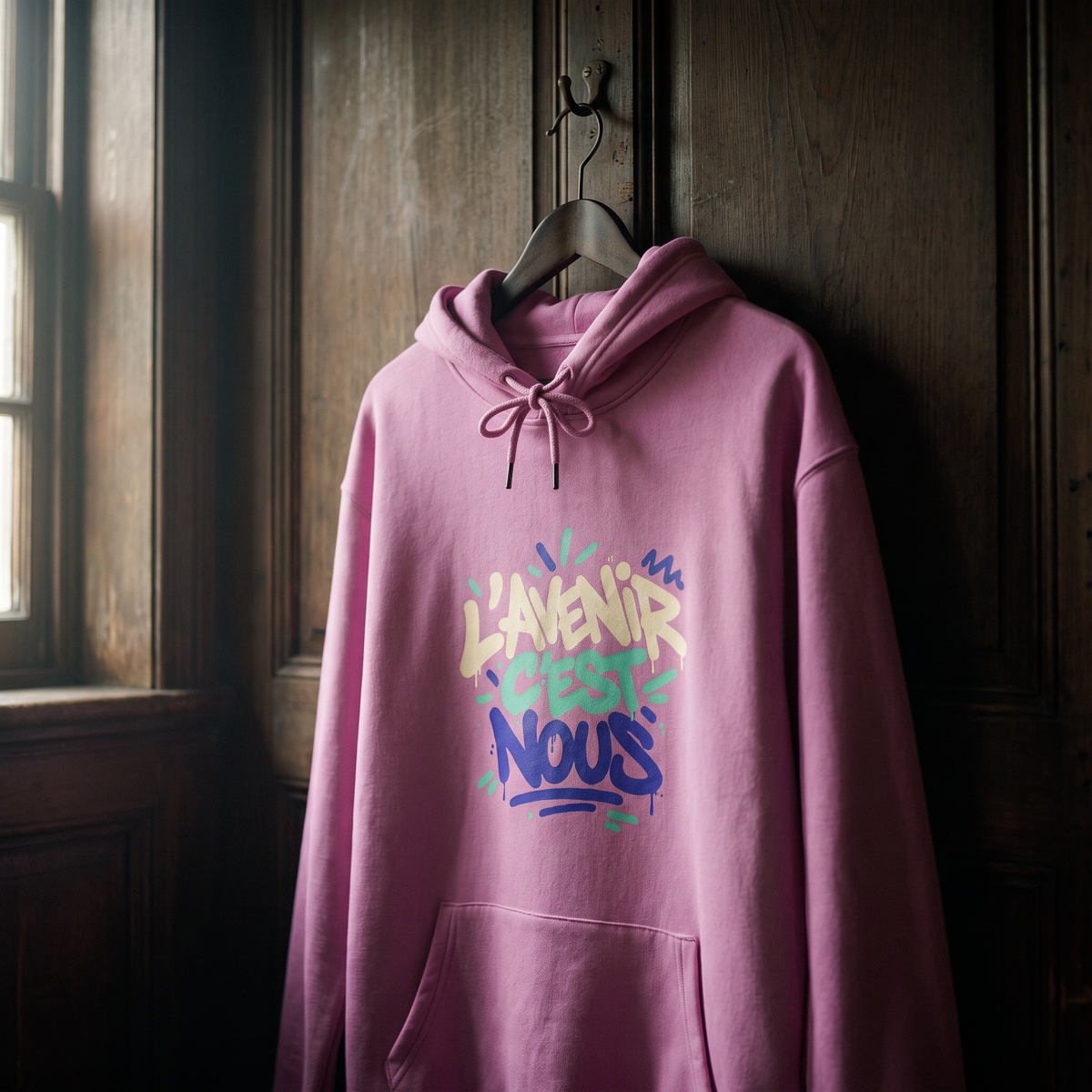 Sweat à capuche Gen Z rose L'avenir c'est nous suspendu sur un cintre en bois