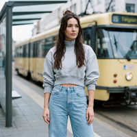 Sweat col montant femme crop top original gris clair — look streetwear porté en ville en Belgique, CHT'M Boutique