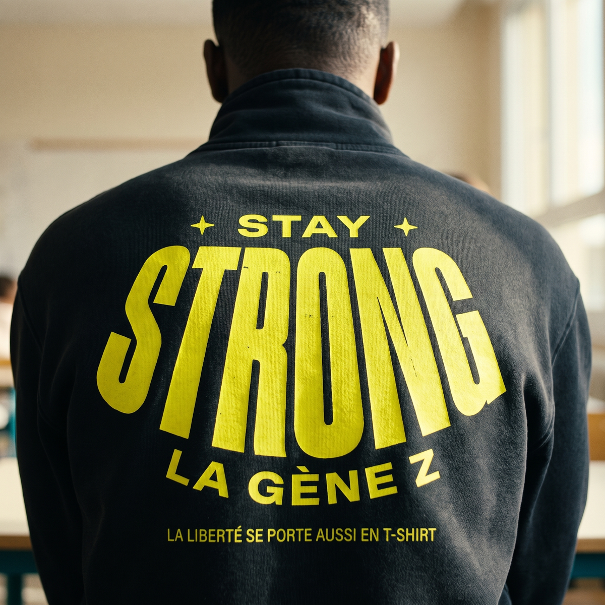 Gros plan du print sur le sweat col montant Gen Z « Stay Strong la Gène Z » noir porté