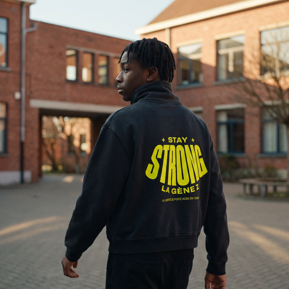 Lycéen de dos portant le sweat col montant Gen Z « Stay Strong la Gène Z » noir, grand print dans le dos – sweat original
