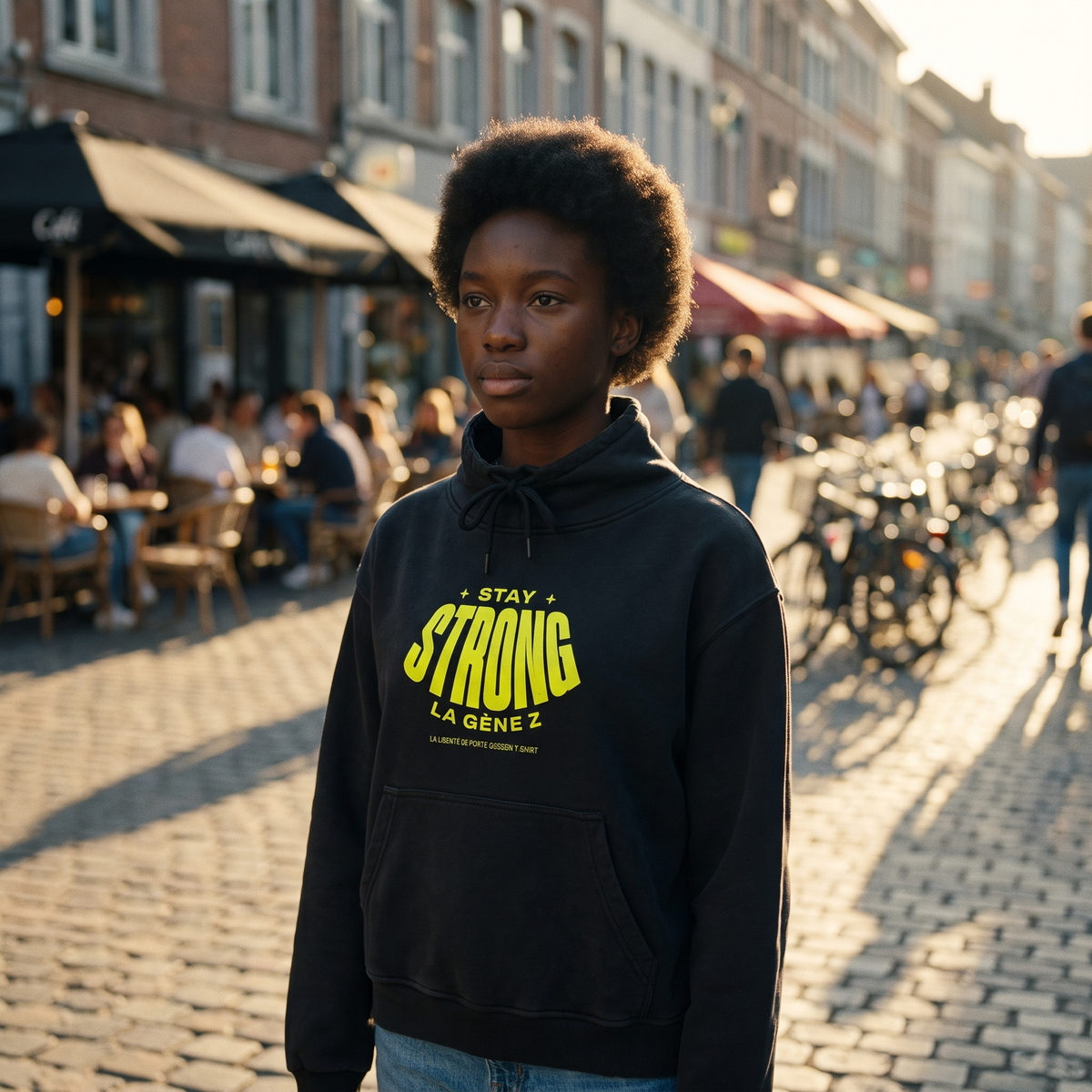 Lycéenne portant le sweat col montant Gen Z « Stay Strong la Gène Z » noir dans la rue – sweat Gen Z pas cher
