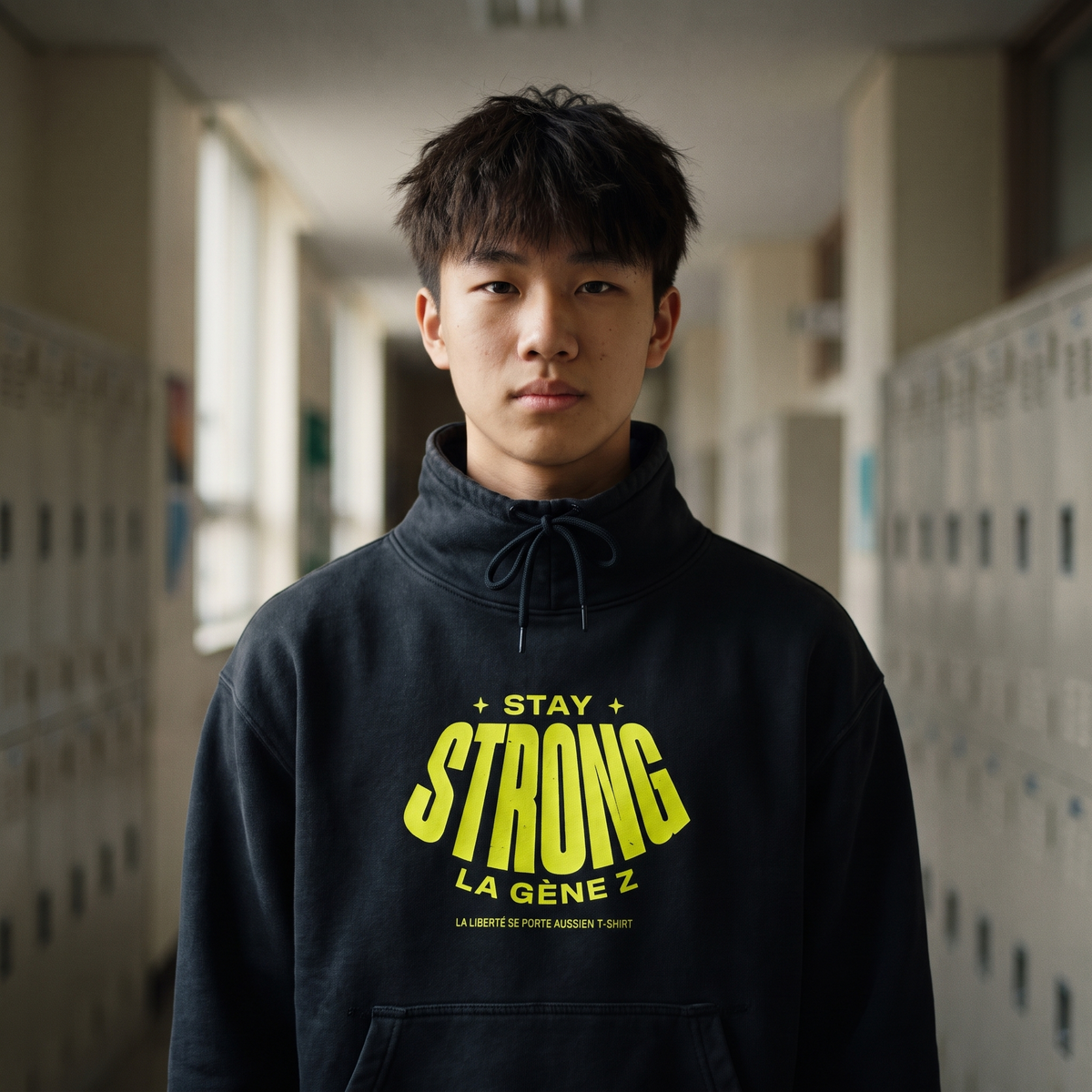 Lycéen portant le sweat col montant Gen Z « Stay Strong la Gène Z » noir dans un couloir de lycée – sweat original