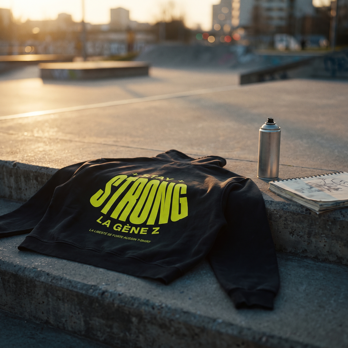 sweat col montant Gen Z « Stay Strong la Gène Z » noir posé sur les marches d'un skatepark au coucher du soleil – CHT'M Boutique