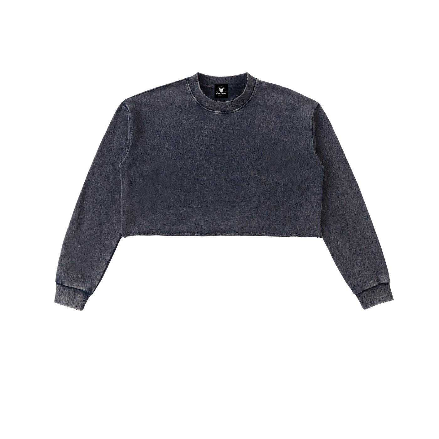 Sweat crop top femme délavé bleu vu de face, bord brut