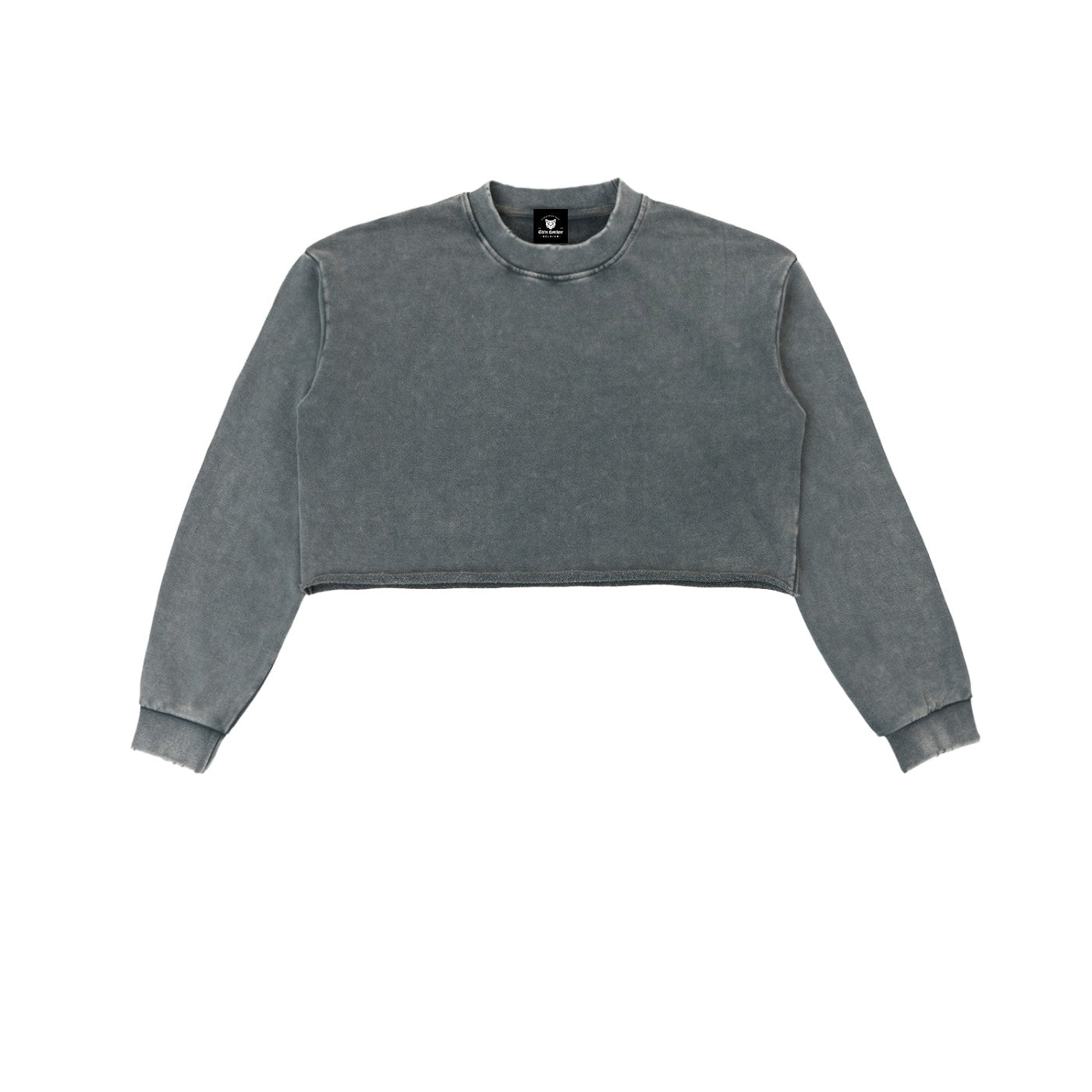 Sweat crop top femme délavé gris vu de face, bord brut