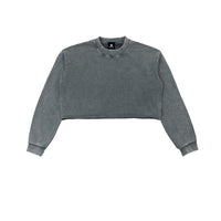 Sweat crop top femme délavé gris vu de face, bord brut