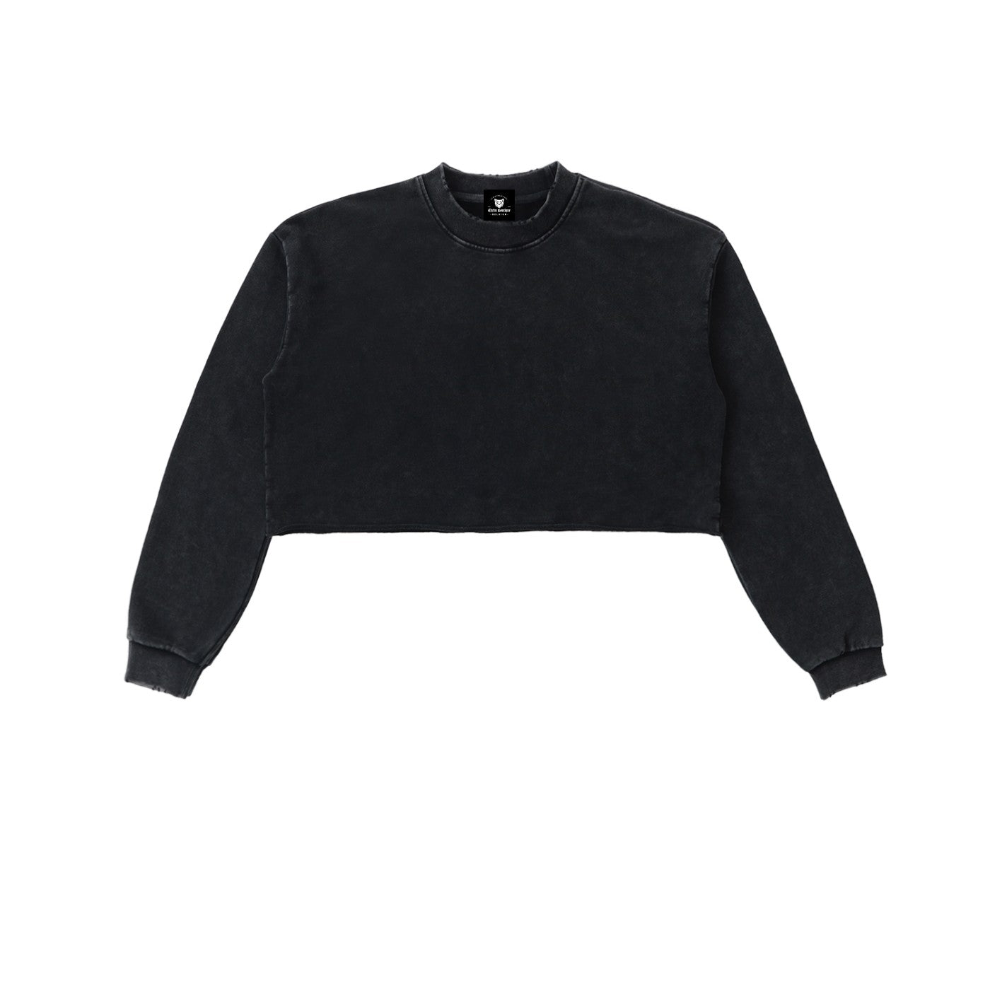 Sweat crop top femme délavé noir vu de face, bord brut