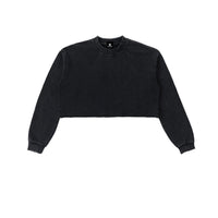 Sweat crop top femme délavé noir vu de face, bord brut