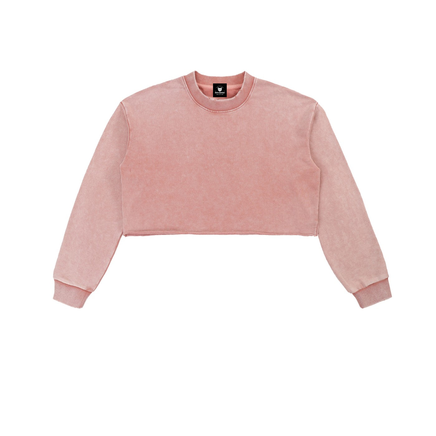 Sweat crop top femme délavé rose vu de face, bord brut