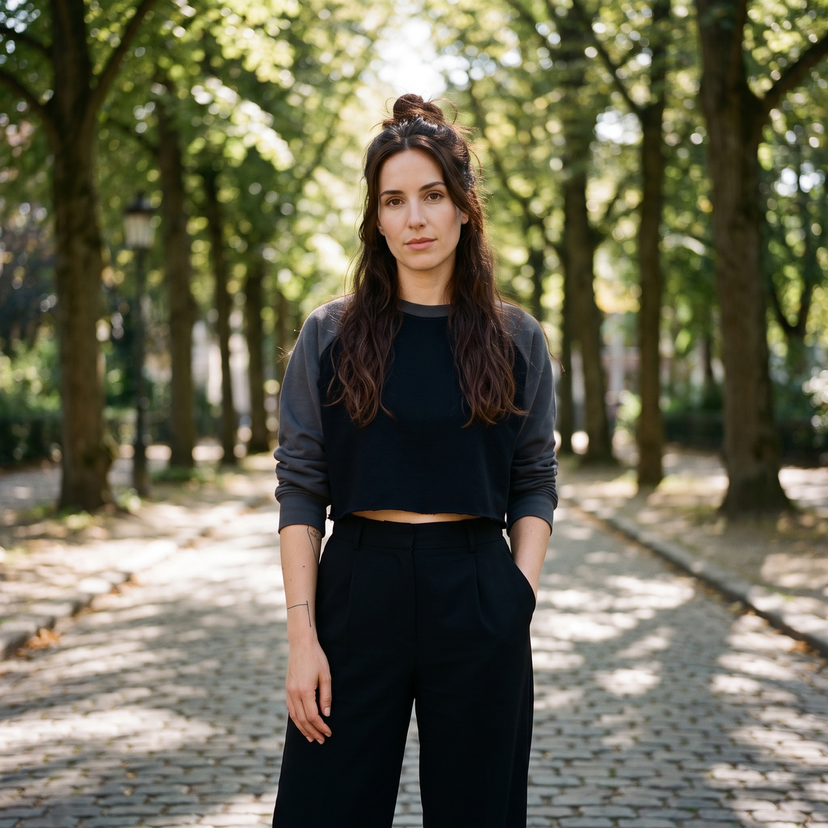 Sweat crop top femme raglan bicolore original noir — look streetwear porté en ville en Belgique, CHT'M Boutique