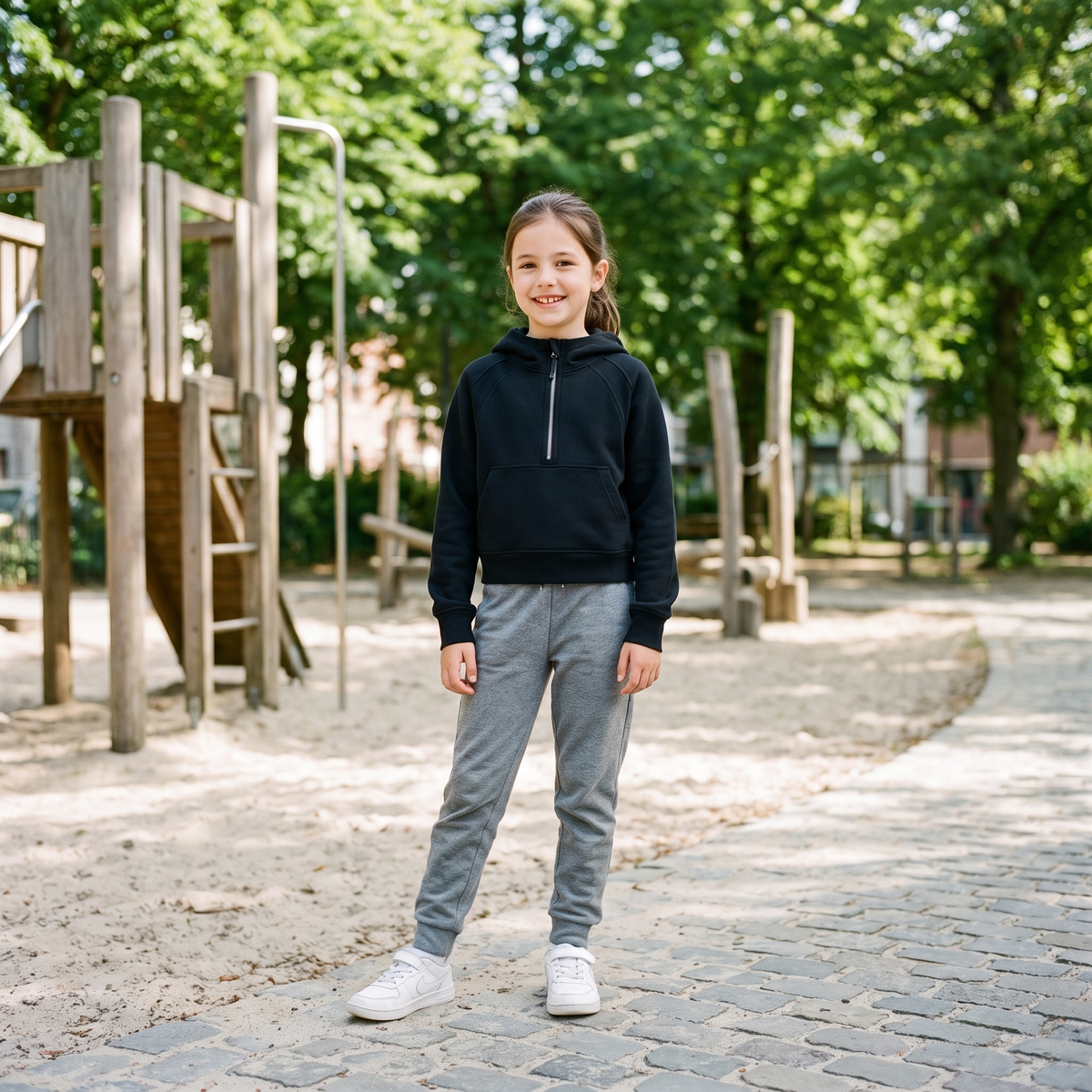 Sweat demi-zip à capuche enfant fille original noir — look streetwear porté en ville en Belgique, CHT'M Boutique