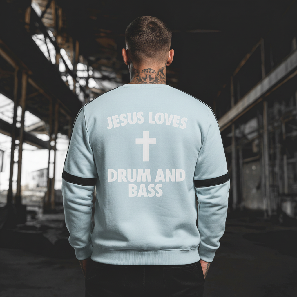 Dos du sweat bleu ciel avec le lettrage Jesus Loves Drum and Bass