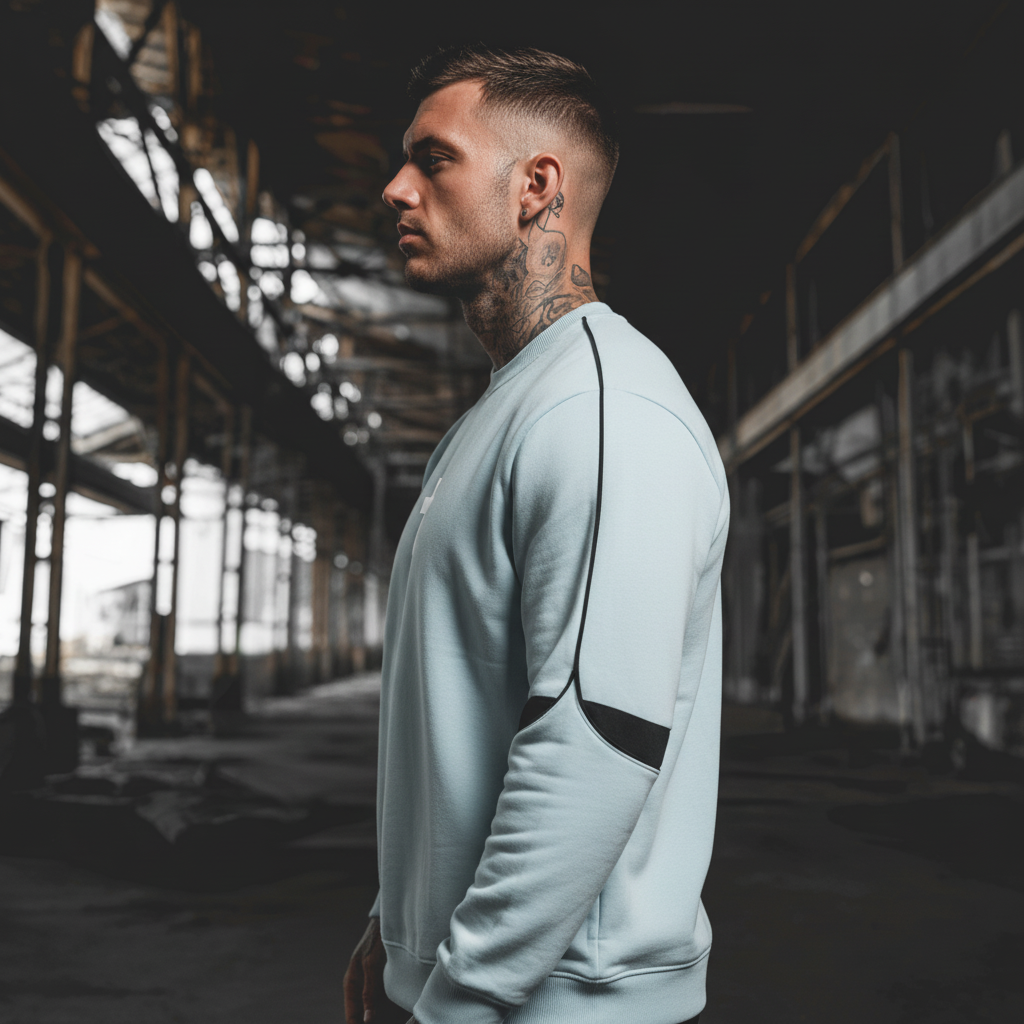 Profil du sweat oversized Drum and Bass bleu ciel à bandes noires