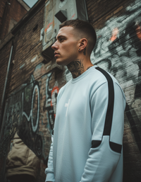 Homme de profil en sweat Drum and Bass bleu ciel dans une ruelle street art