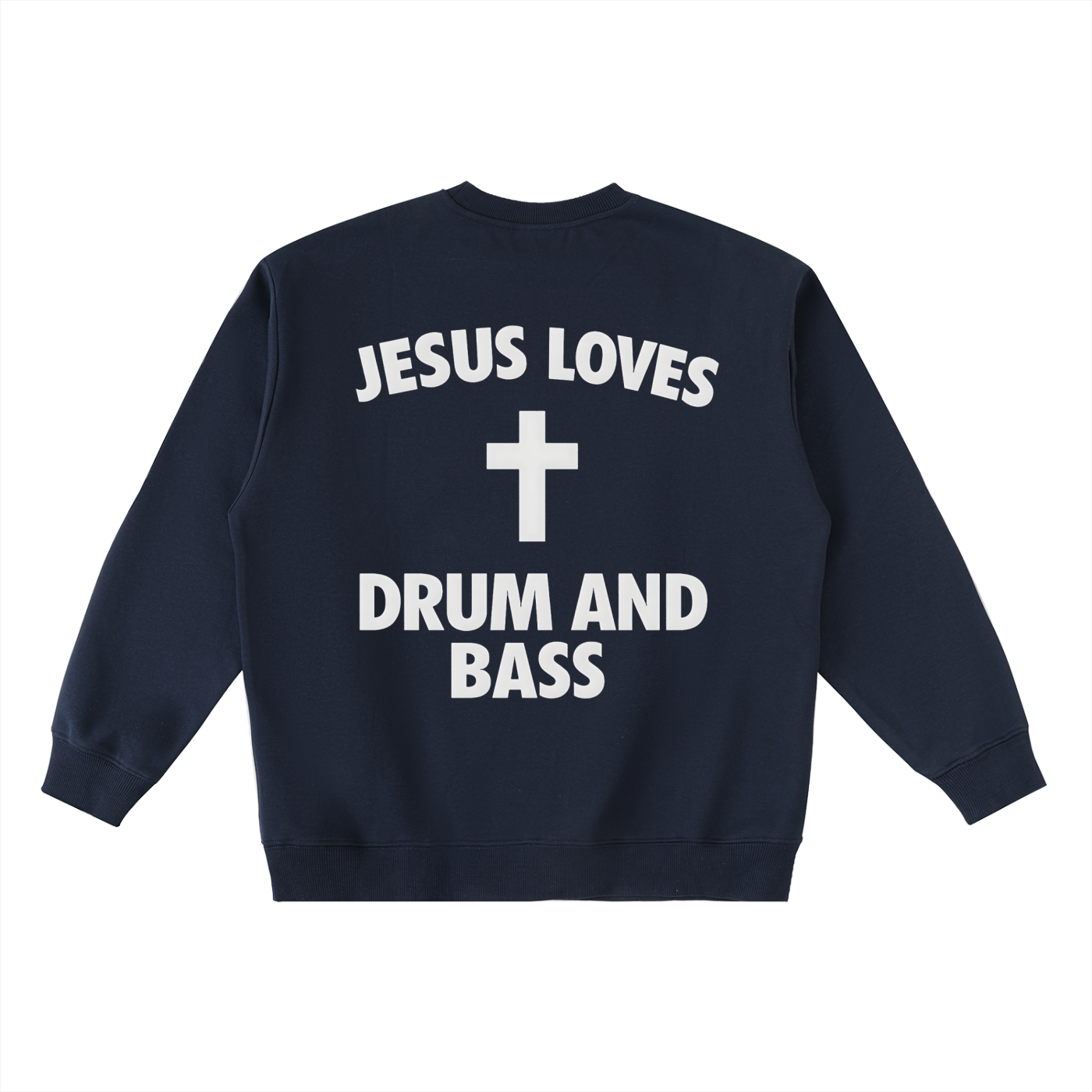 Sweat Drum and Bass bleu marine à plat, dos avec lettrage DnB