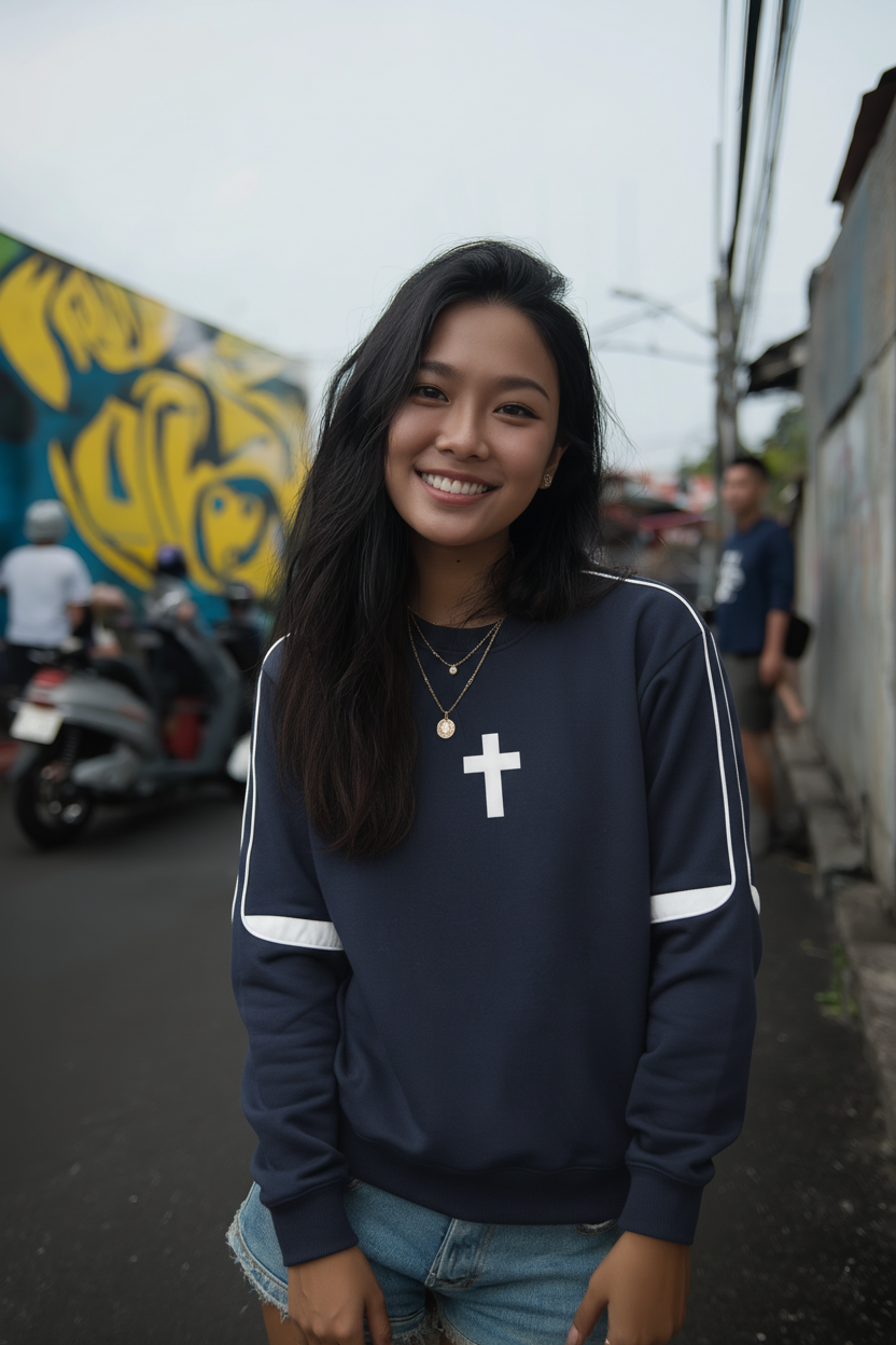 Femme portant le sweat Drum and Bass original bleu marine, vue de face
