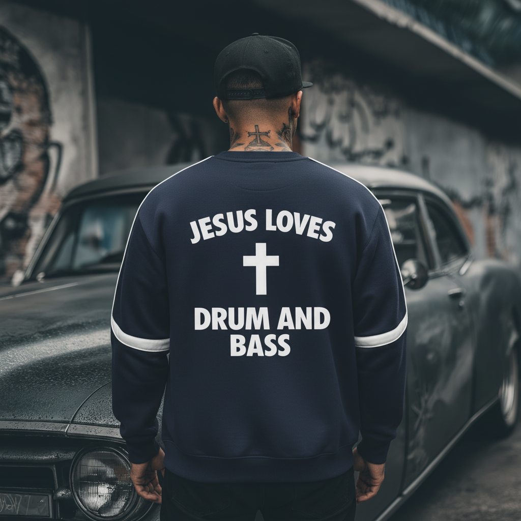 Dos du sweat bleu marine avec le lettrage Jesus Loves Drum and Bass