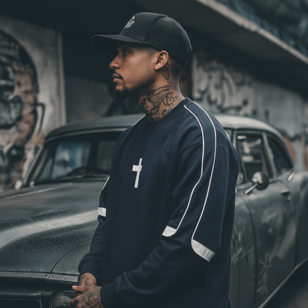 Profil du sweat Drum and Bass oversized bleu marine à bandes blanches
