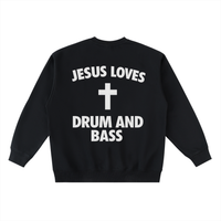 Sweat Drum and Bass noir à plat, dos avec le lettrage Jesus Loves Drum and Bass