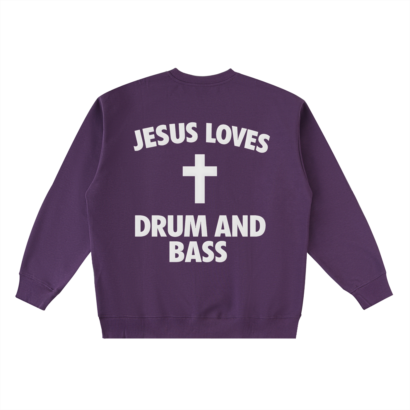 Sweat Drum and Bass violet à plat, dos avec lettrage Jesus Loves Drum and Bass