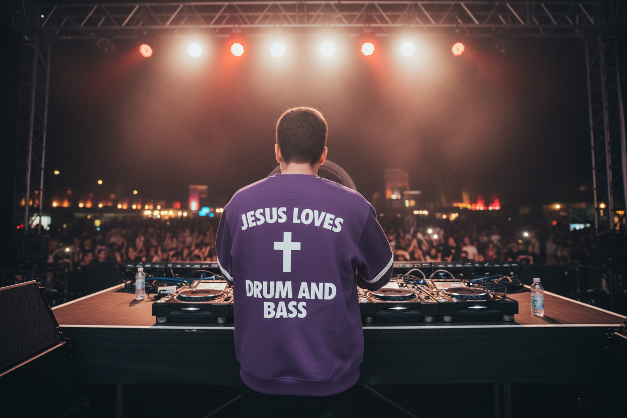 Dos du sweat violet Jesus Loves Drum and Bass vu depuis la scène
