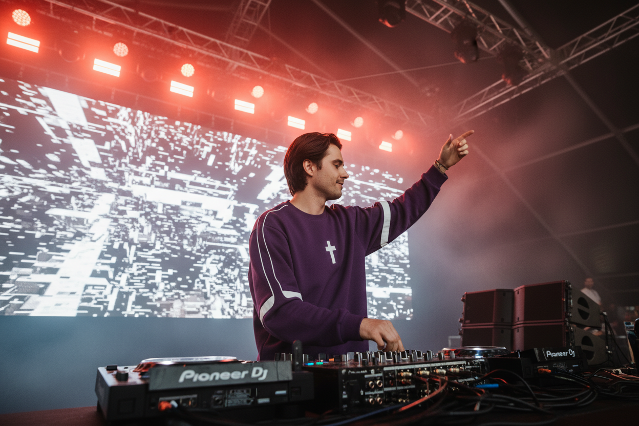 DJ portant le sweat Drum and Bass violet, bras levé devant la foule