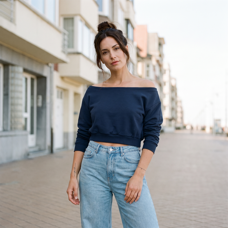 Sweat épaules dénudées femme original bleu marine — look streetwear porté en ville en Belgique, CHT'M Boutique