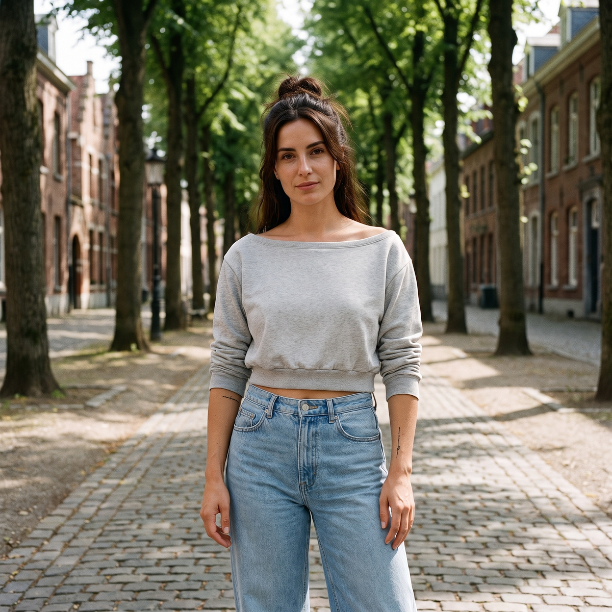 Sweat épaules dénudées femme original gris chiné — look streetwear porté en ville en Belgique, CHT'M Boutique