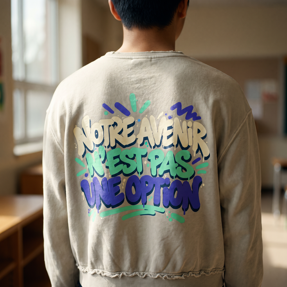 Gros plan du grand print dans le dos du sweat Gen Z kaki Notre avenir n'est pas une option