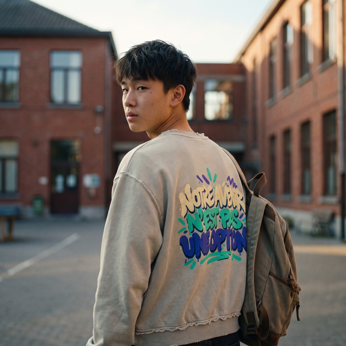 Lycéen de dos portant le sweat Gen Z kaki, grand print Notre avenir n'est pas une option dans le dos