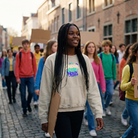 Lycéenne en manifestation pacifique avec le sweat Gen Z kaki