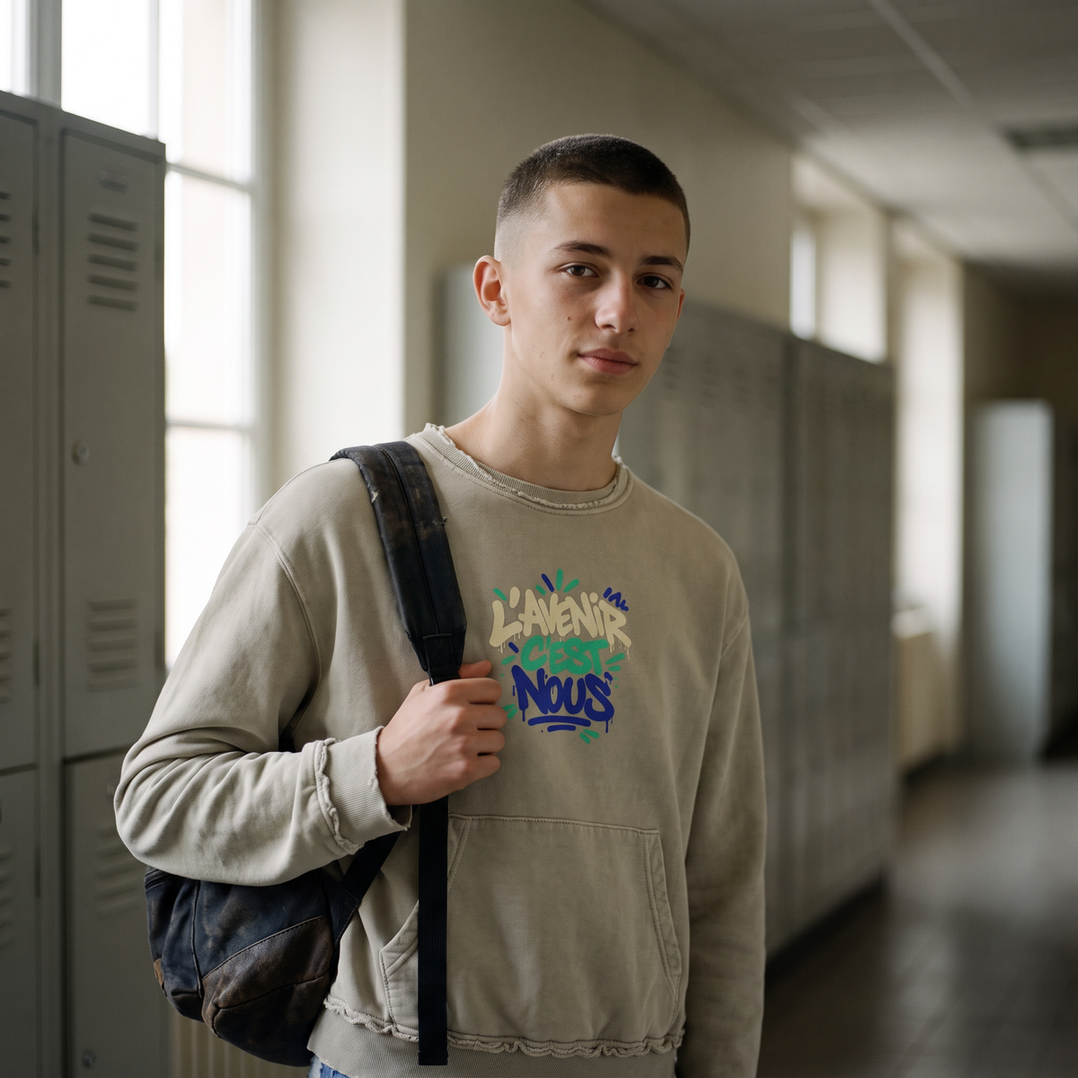 Lycéen portant le sweat Gen Z kaki dans un couloir de lycée – sweat manif original