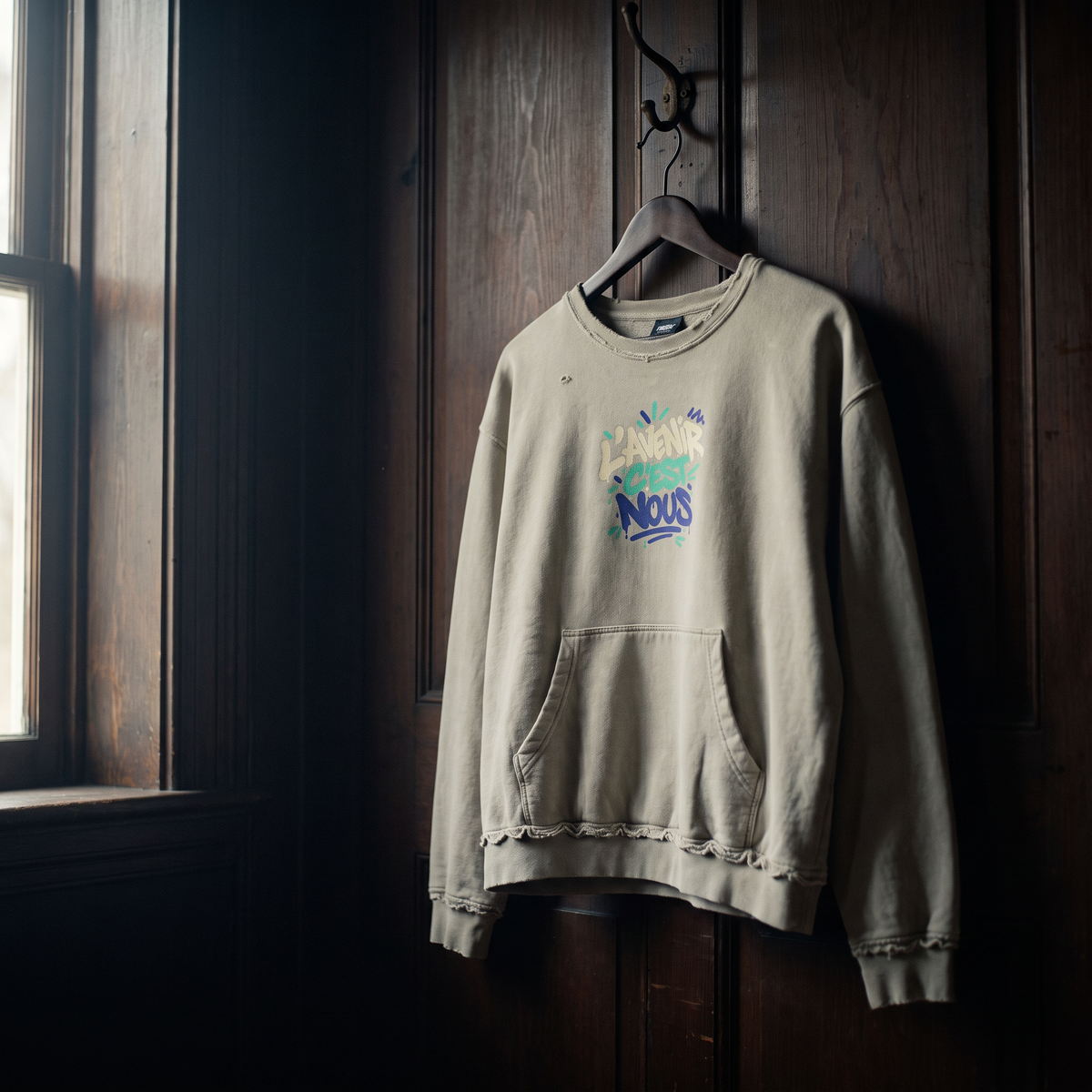 Sweat Gen Z « Notre avenir n'est pas une option » kaki suspendu sur un cintre en bois – sweat Gen Z original CHT'M