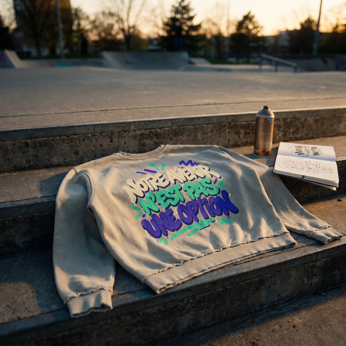 Sweat Gen Z « Notre avenir n'est pas une option » kaki posé sur les marches d'un skatepark – CHT'M Boutique