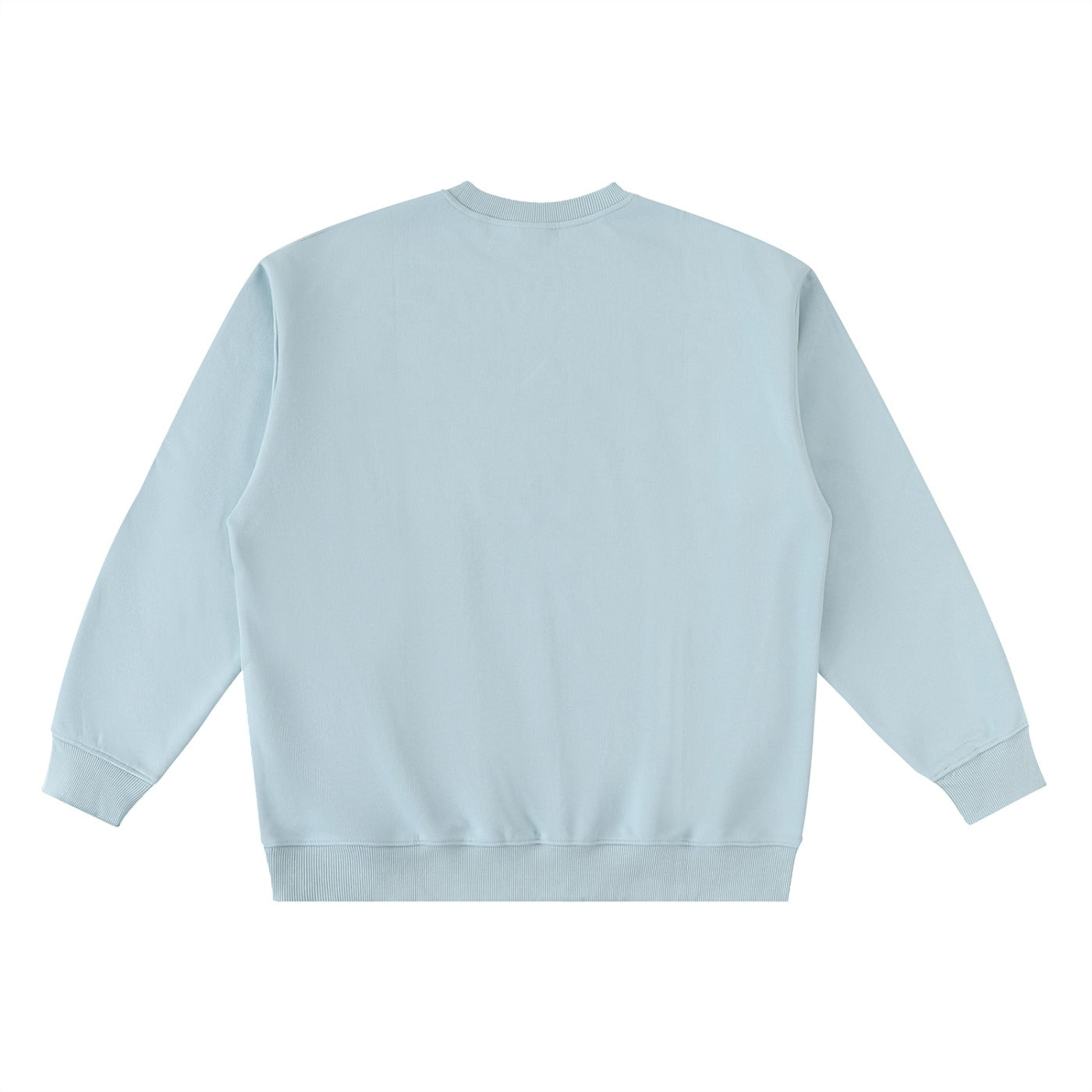 Dos du pull oversize drum and bass bleu ciel, bandes contrastées aux manches