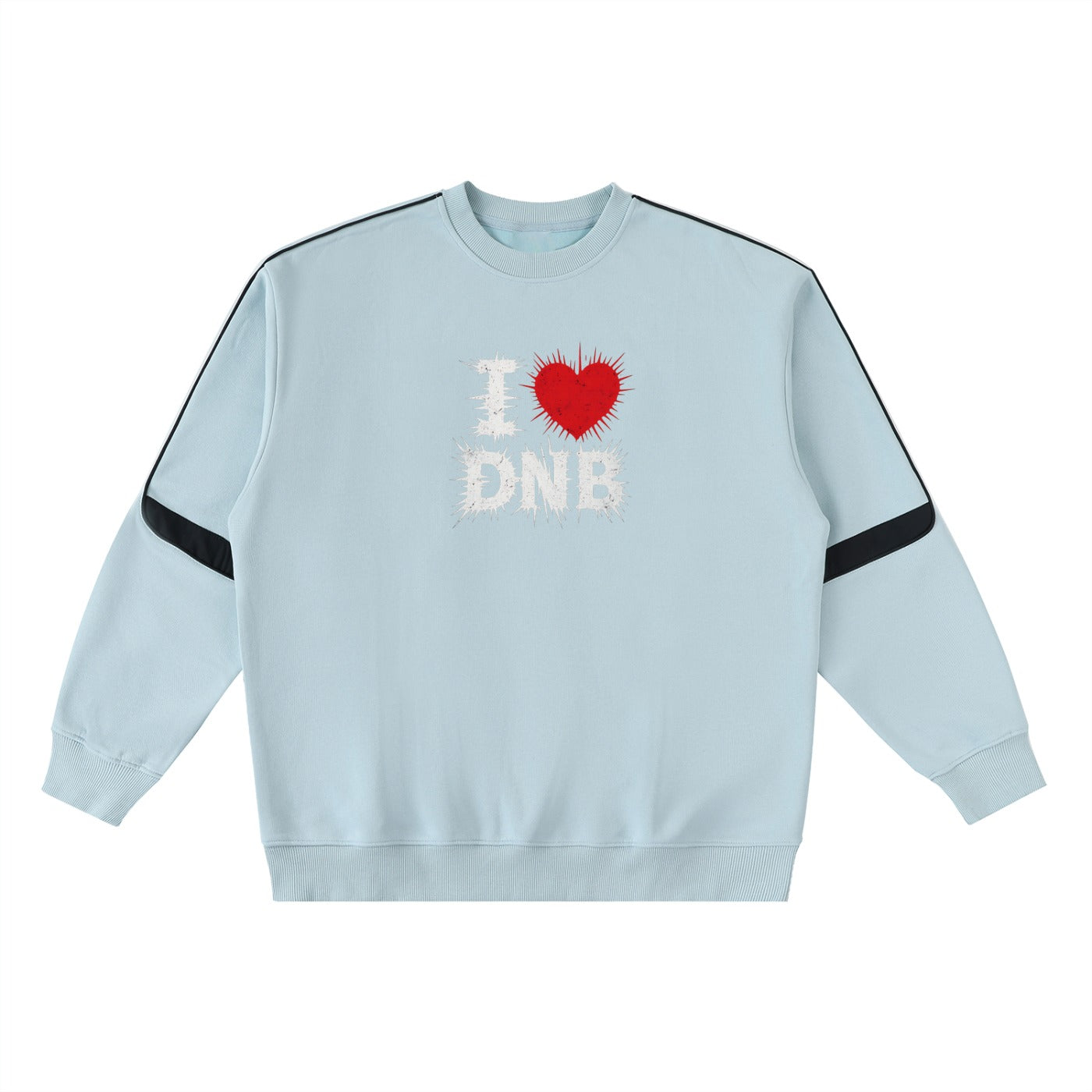 Pull oversize I LOVE DNB bleu ciel, sweat drum and bass original, vue de face