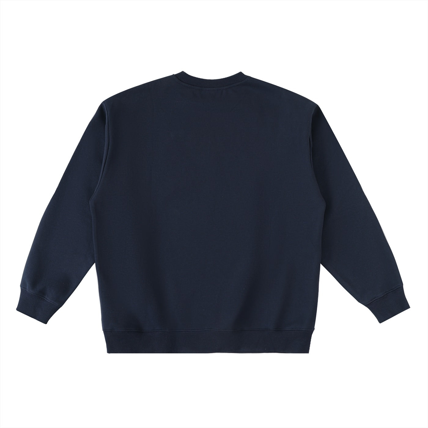 Dos du pull oversize drum and bass bleu marine, bandes contrastées aux manches